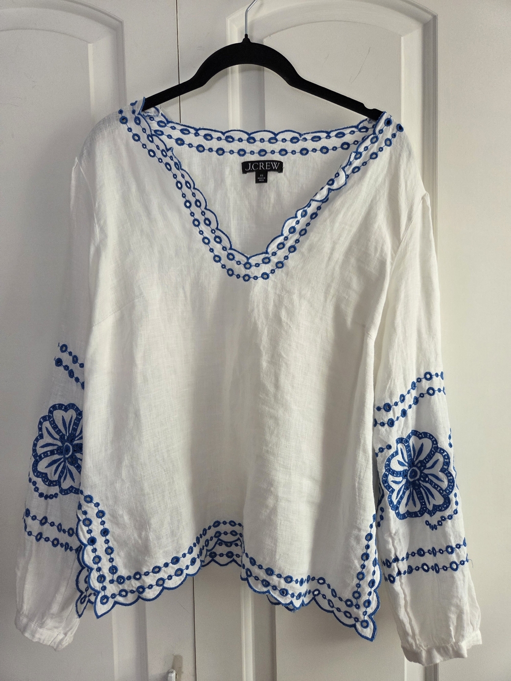 J. Crew White Linen V-Neck Tunic with Blue Embroidery